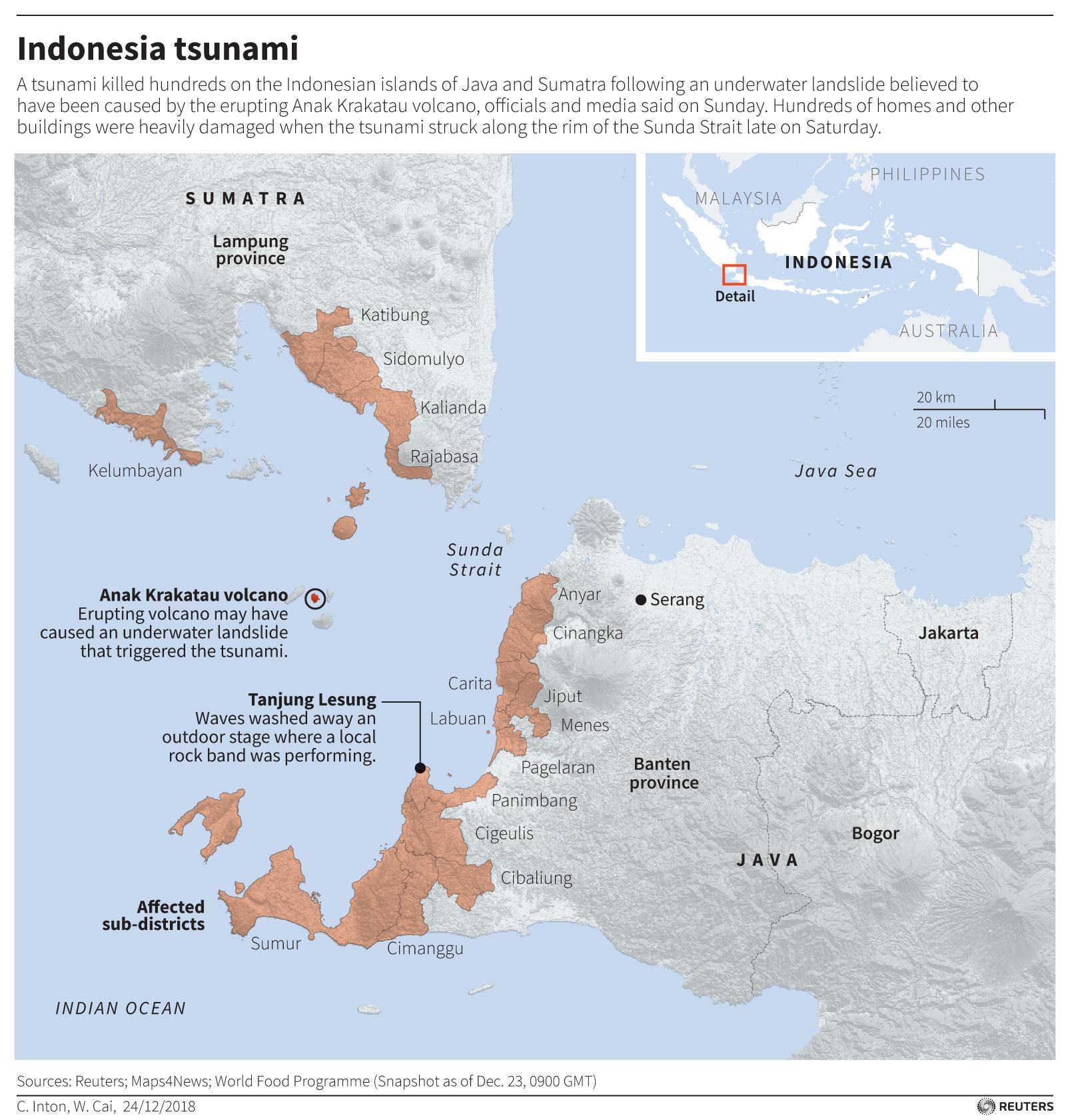 A map of Indonesia has a red zone showing areas where a tsunami occurred.