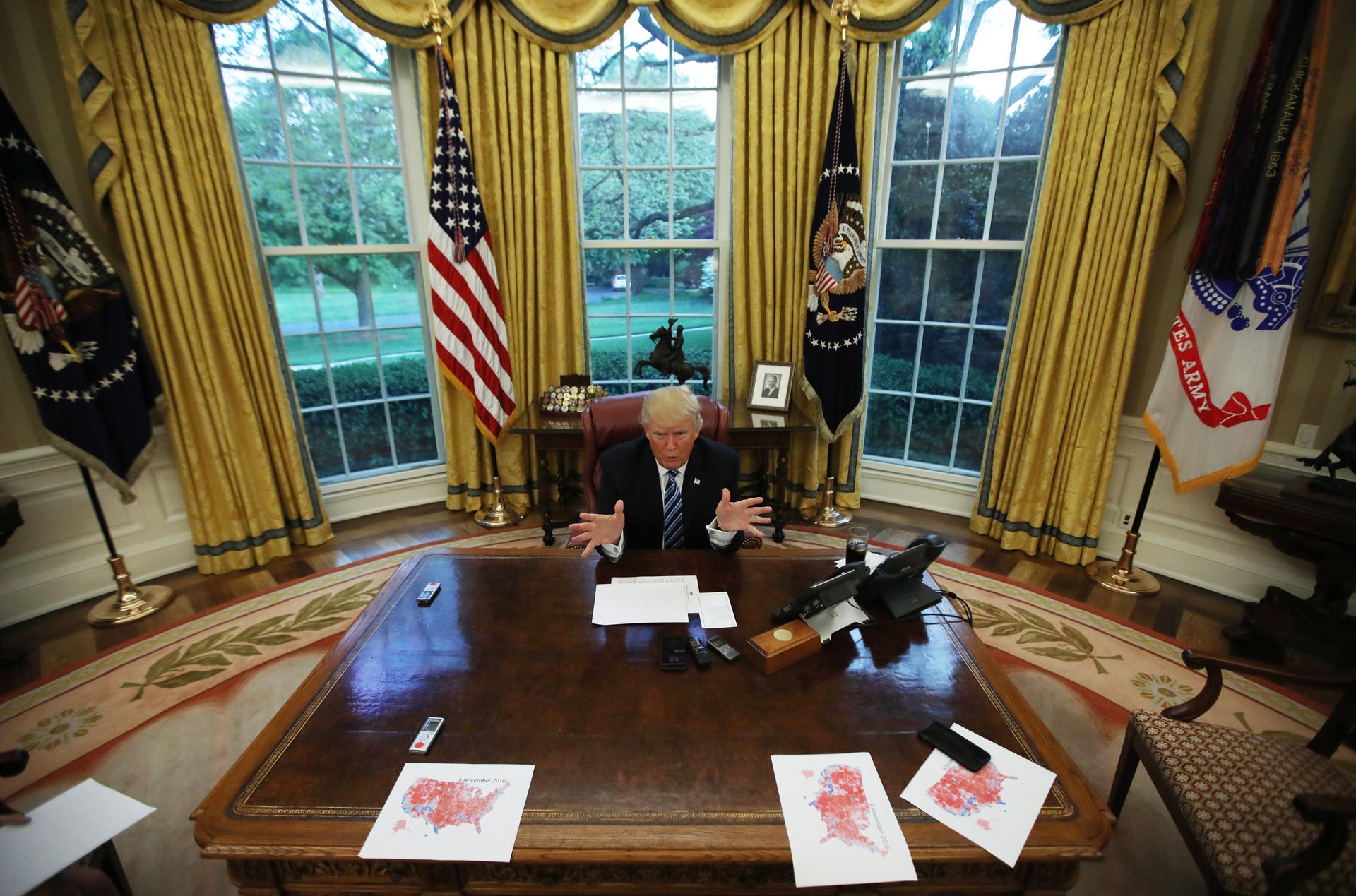 US President Donald Trump speaks during an interview with Reuters in the Oval Office of the White House in Washington, US, April 27, 2017. 