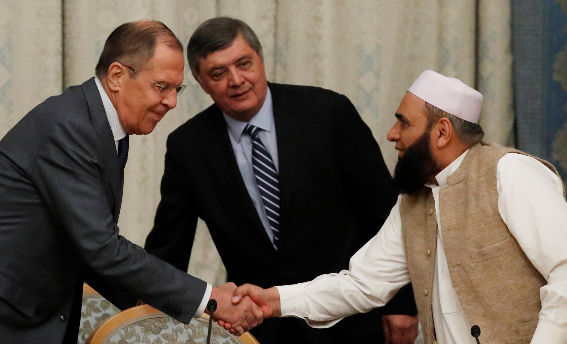 Russian Foreign Minister Sergei Lavrov welcomes member of Taliban delegation Alhaj Mohammad Sohail Shaina during the multilateral peace talks on Afghanistan in Moscow, Russia November 9, 2018.