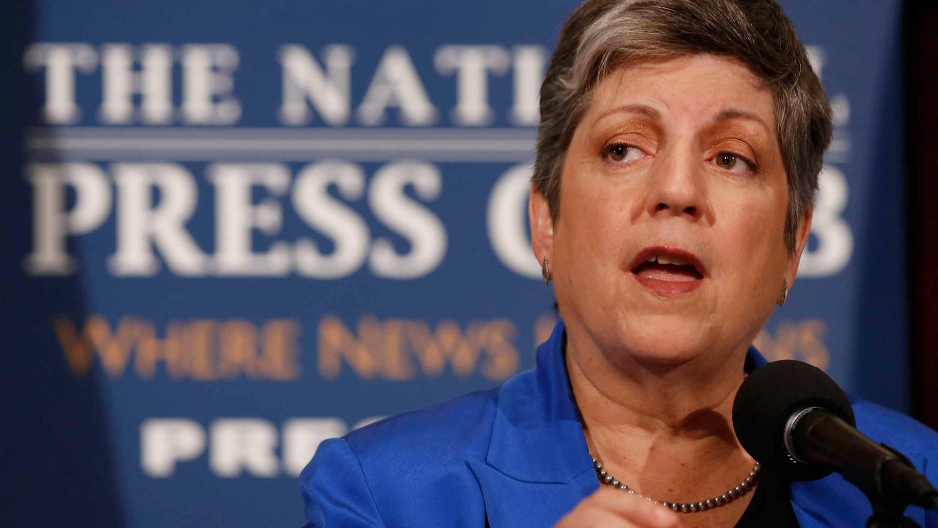 Former US Secretary of Homeland Security Janet Napolitano gives her final official speech at the National Press Club in Washington on August 27, 2013.
