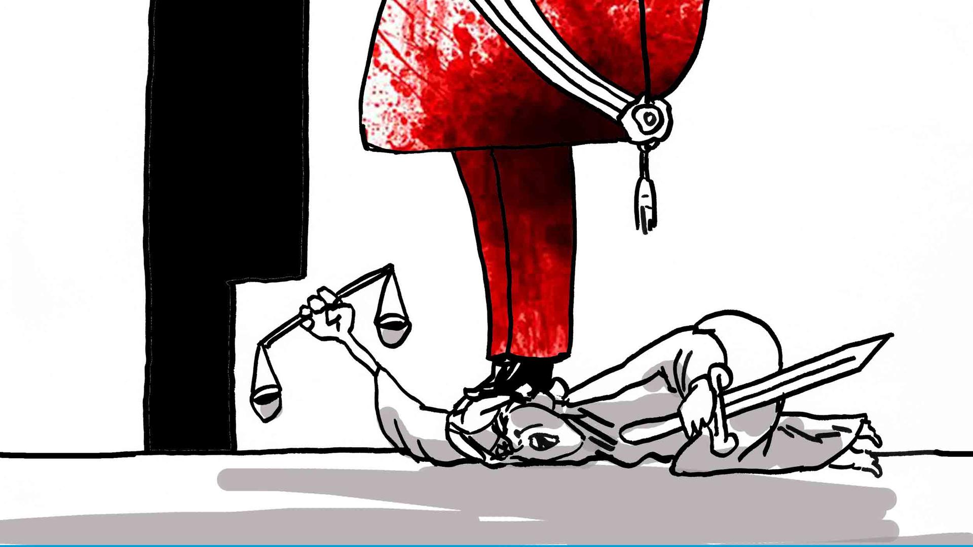Justice holds her scales while someone stands ontop of her in this political cartoon