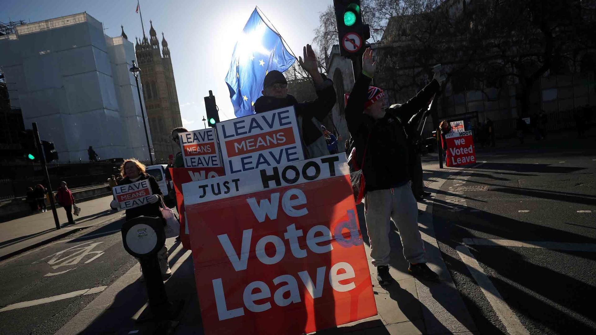 Protesters hold signs reading, "We voted leave" and "Leave means leave." 