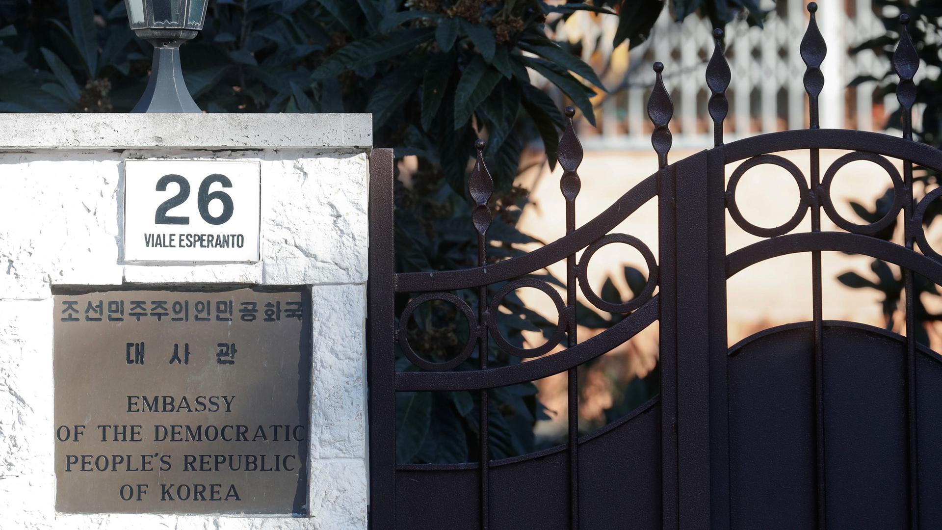 An entrance of the North Korean embassy is pictured in Rome with a sign in both English and Korean reading "Embassy of the Democratic People's Republic of Korea.