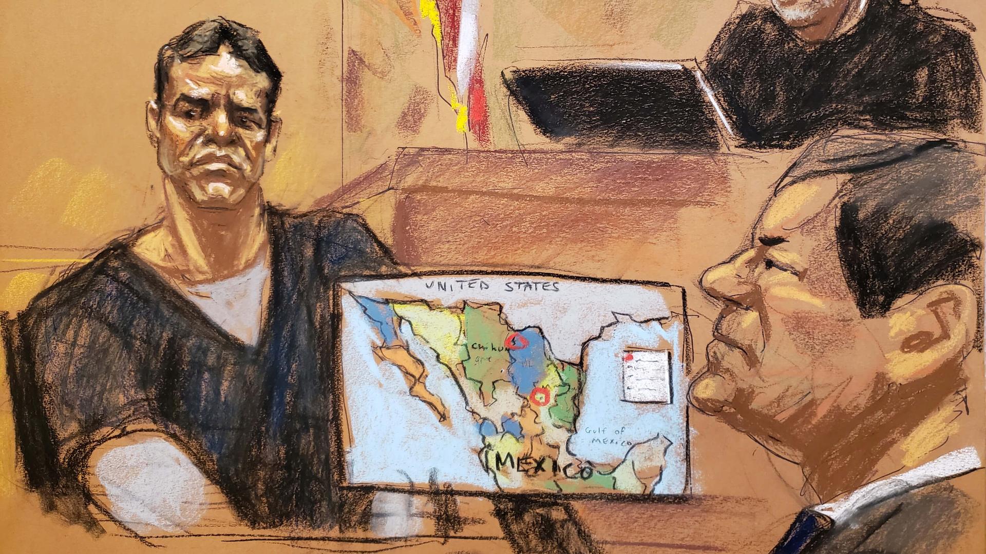 Vicente Zambada Niebla takes the witness box, at the trial of accused Mexican drug lord Joaquin "El Chapo" Guzman, right, in this courtroom sketch 