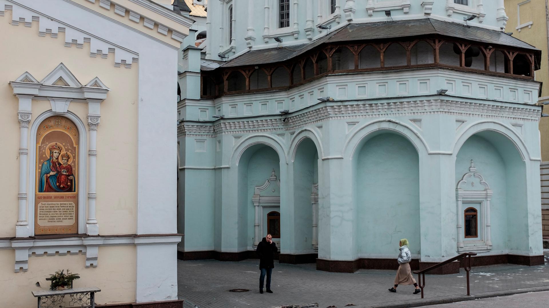 A Moscow-affiliated church with light blue painted walls.