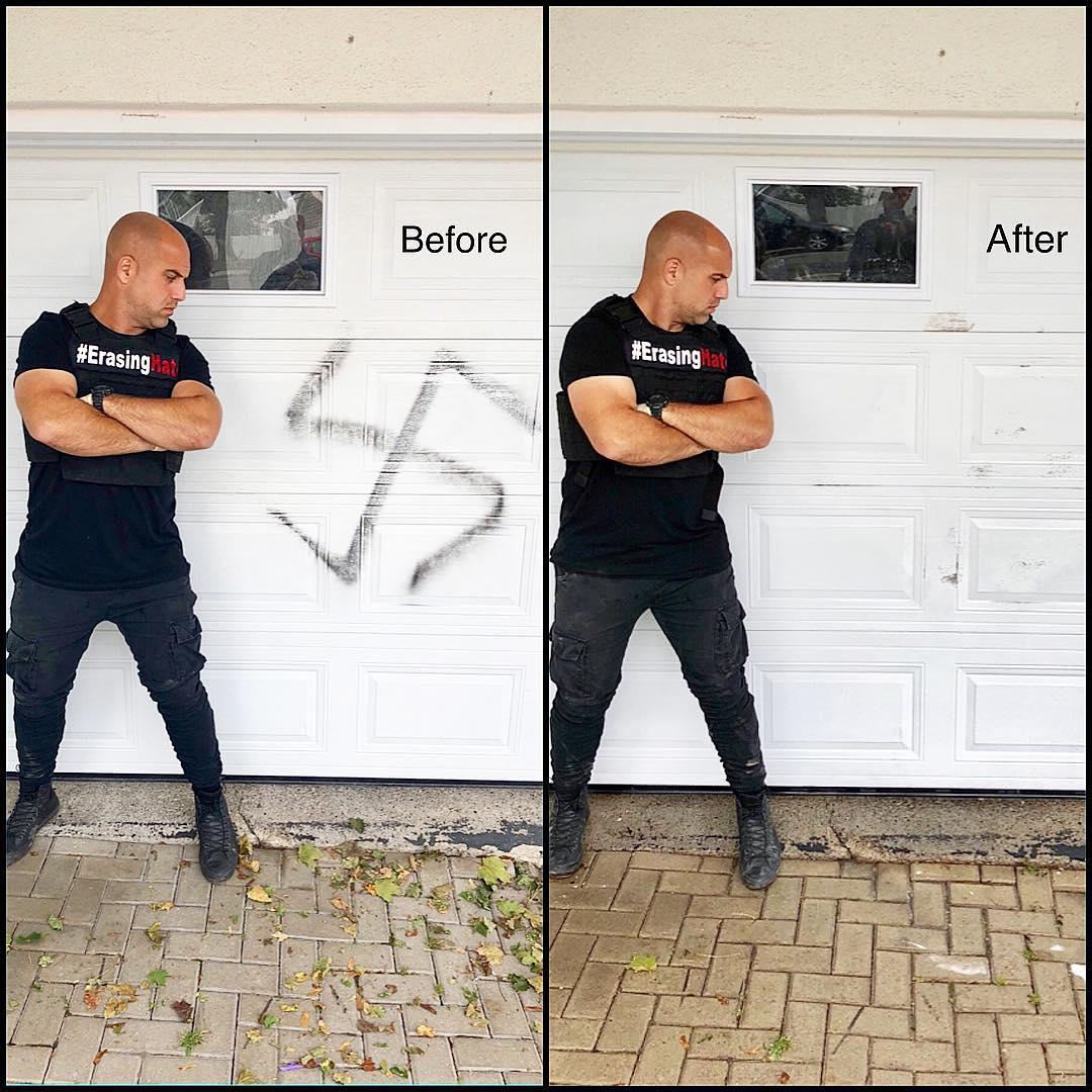 A before and after photo of Corey Fleisher standing in front of a white door. On the left, he looks at a spray-painted swastika on the door. On the right, he looks at a clean white door.