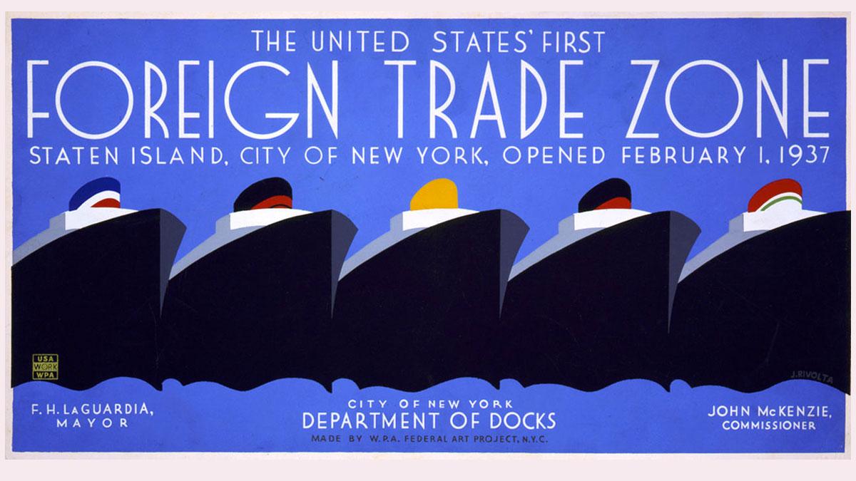 A 1937 poster celebrating the United States' first foreign trade zone: Staten Island.