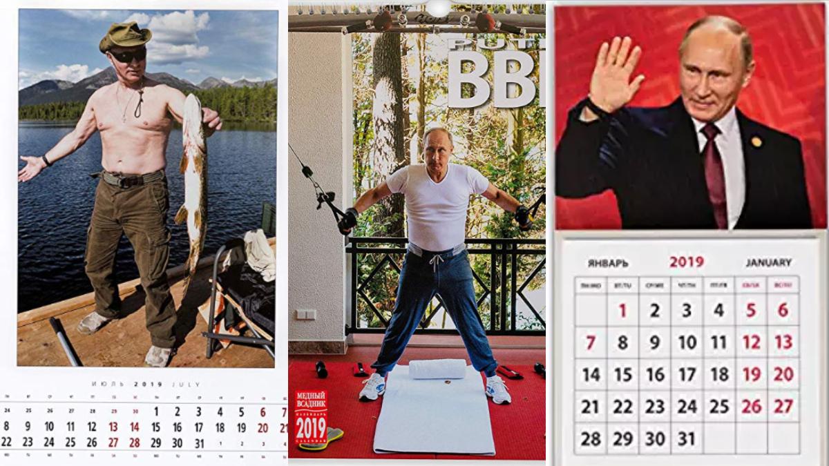 These are 3 photos of Vladimir Putin's calendars. On the first one from the left, he is holding a fish in his hands wearing green cargo pants, a hat, sunglasses and no shirt. Second one, Putin is exercising in a gym. Third one he is   wearing a black suit