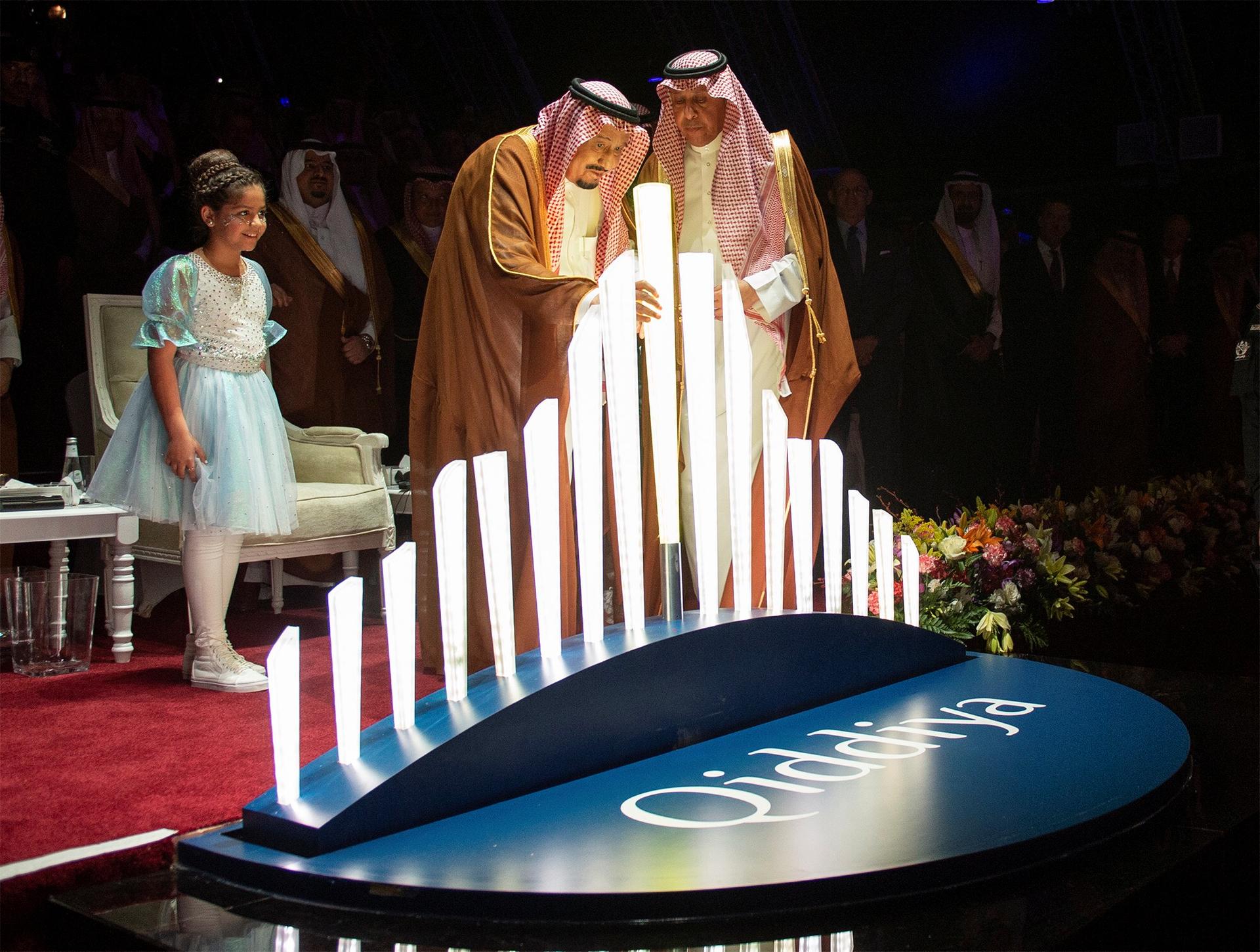 Saudi Arabia's King Salman bin Abdulaziz Al Saud takes part in the official announcement of Qiddiya, a multi-billion dollar entertainment resort being build outside Riyadh. It will be more than twice the size of Disney World. Picture taken April 28, 2018.
