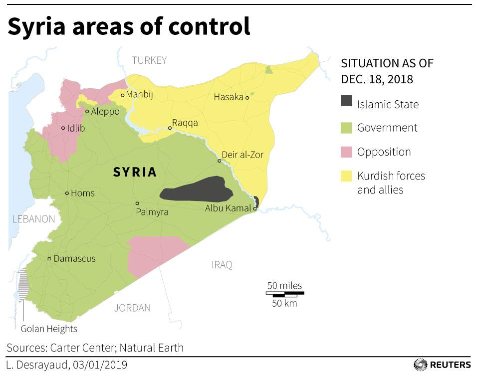 A map shows the territories controled by ISIS, the Syrian government and other parties.
