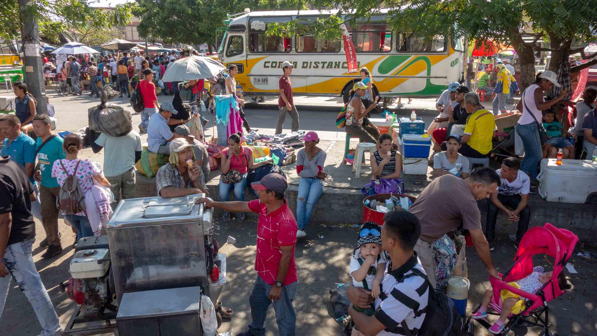A busy scene at a border town in Cúcuta, Colombia. 