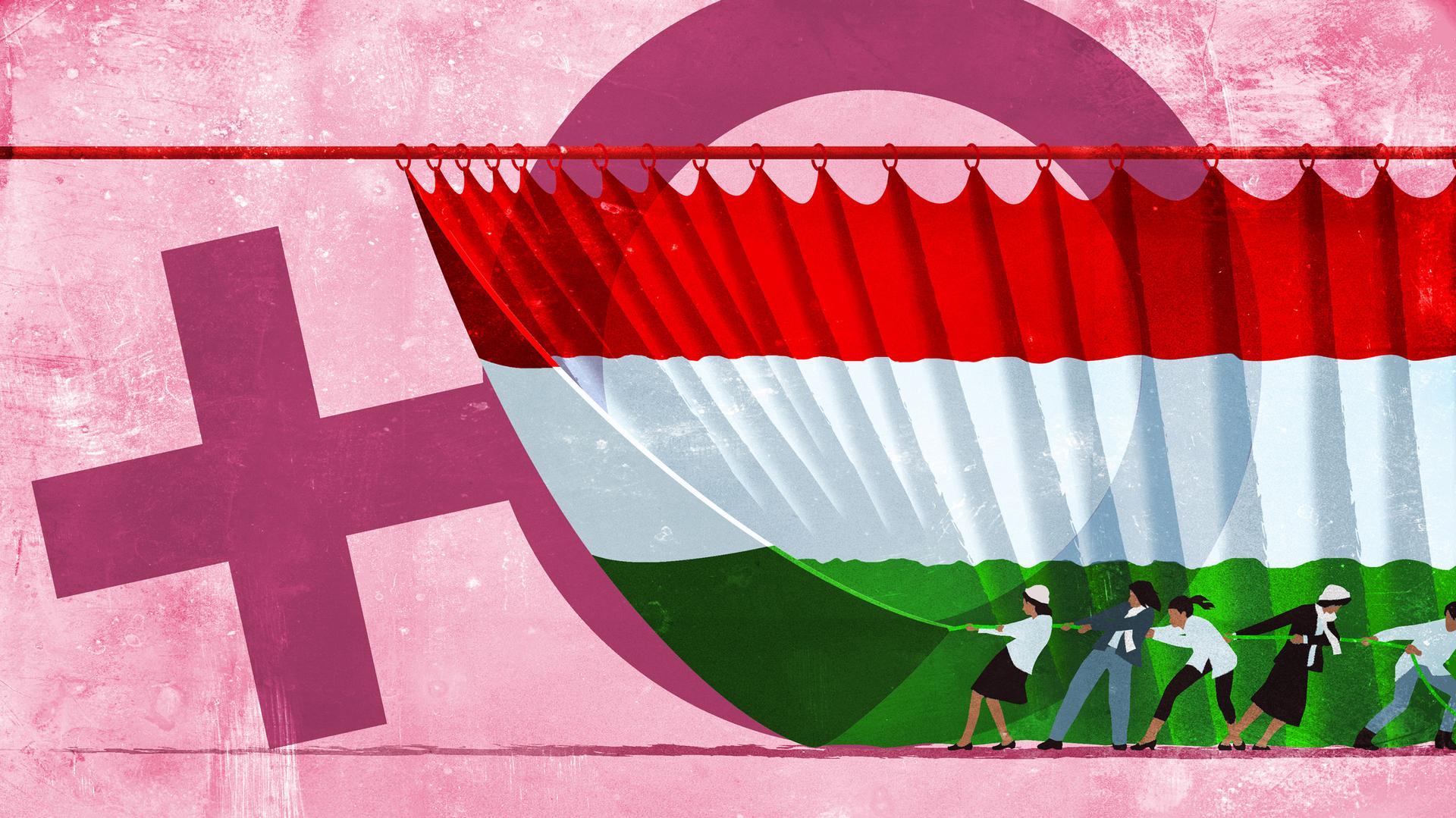 An illustration depicts Hungarian women pulling a curtain that is also a Hungarian flag revealing the symbol of women behind it. 