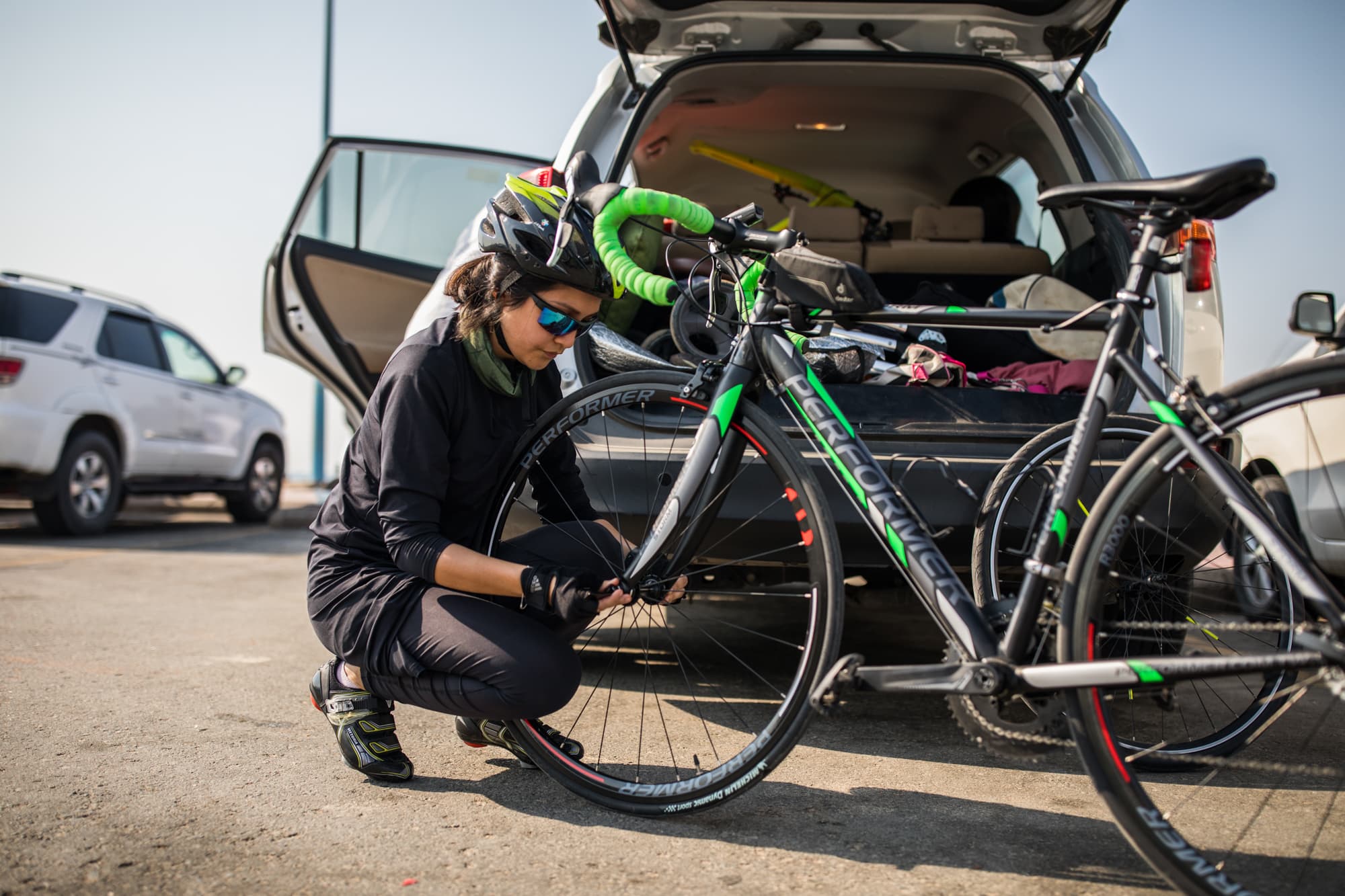 Doaa Naeem gets ready to ride her bike in Jeddah, Saudi Arabia.