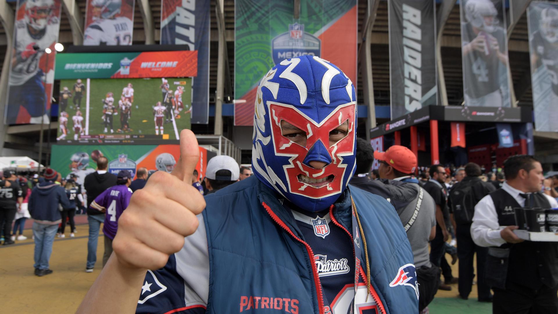 A Patriots fan poses before a NFL International Series game in Mexico City in November 2017. The Patriots have become Mexico’s team. Winning helps. The Patriots are heading to their 11th Super Bowl on Sunday, and ninth since 2002, the most of any NFL fran