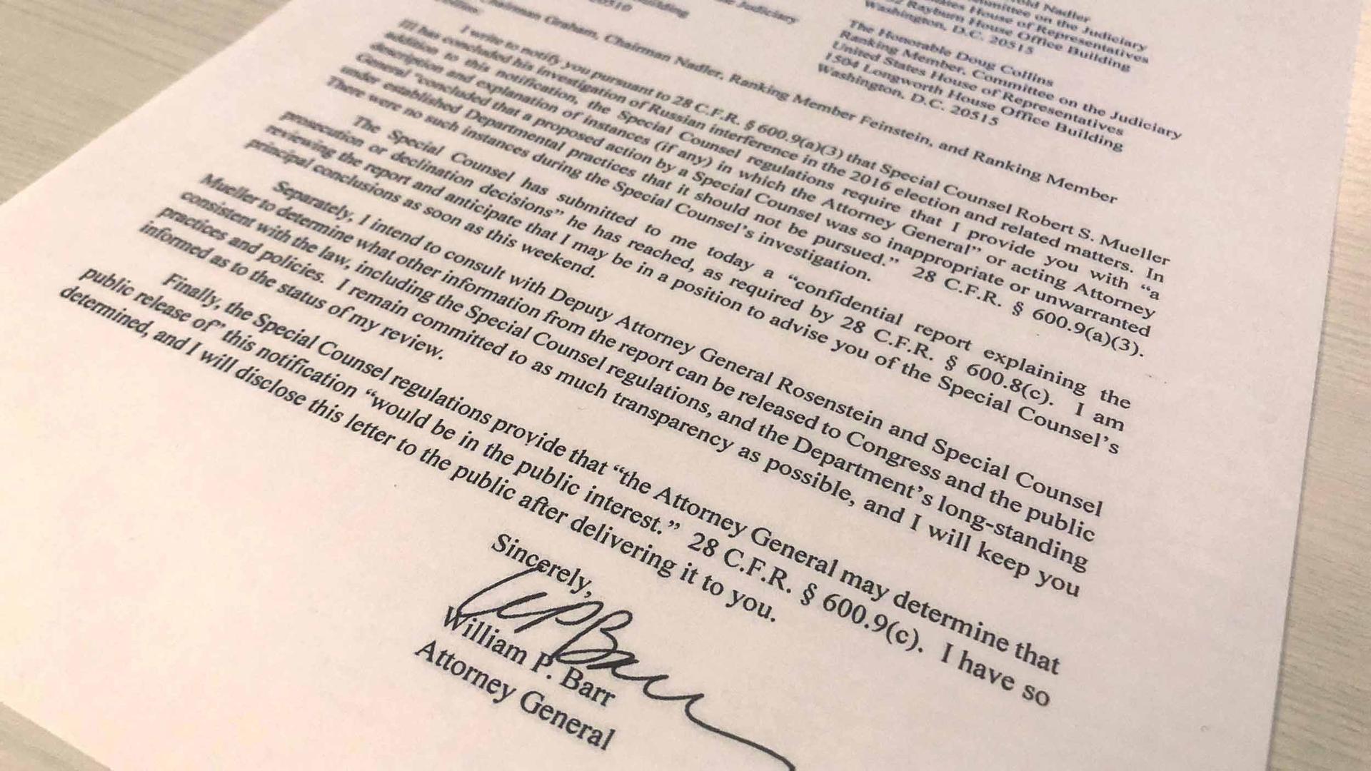 A letter signed by William Barr, US Attorney General