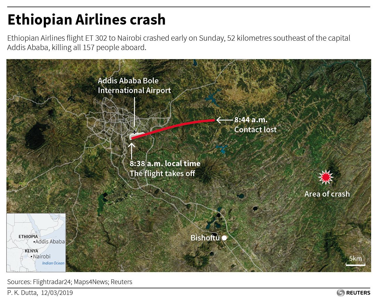 A map of the take-off and crash locations of the Ethiopia Airlines crash.