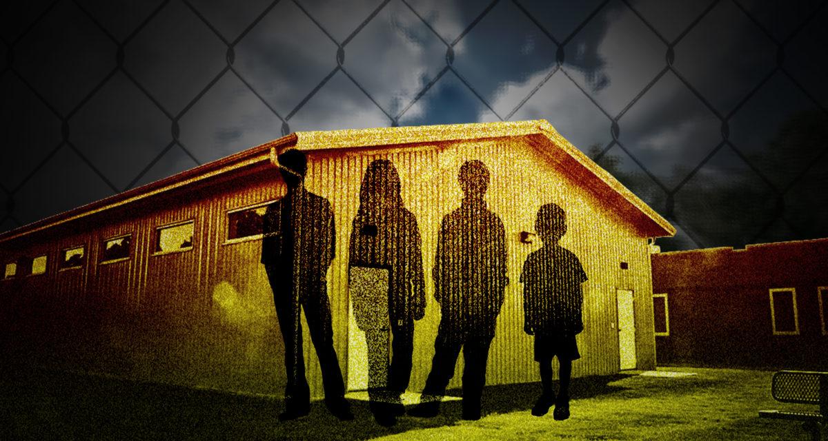 an illustration of the silhouettes of children on a detention center building