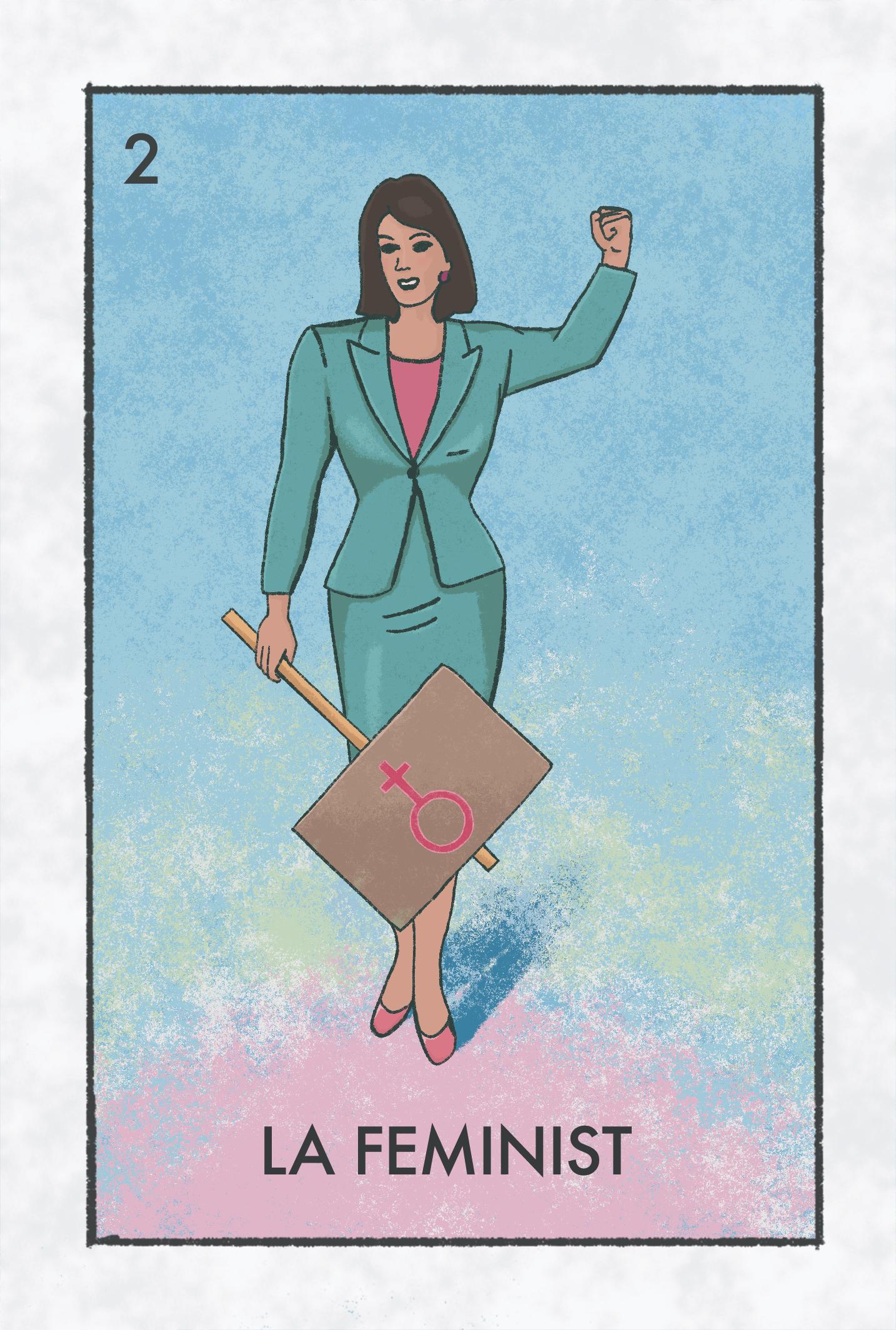 An illustrated card depicting a woman carrying a protest sign with the text 