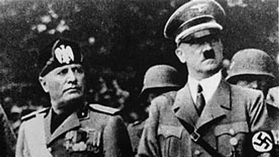 a black and white photo of Benito Mussolini and Adolf Hitler standing next to each other 