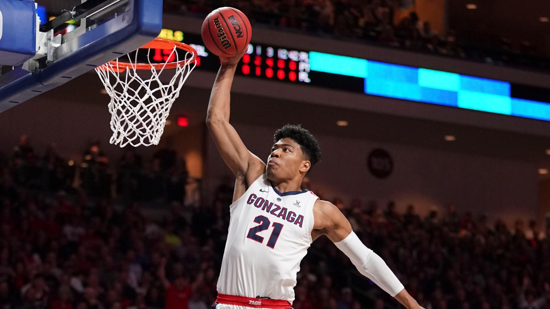 Gonzaga forward Rui Hachimura dunks the basketball against Saint Mary's during the first half in the finals of the WCC Basketball Championships in Las Vegas, March 12, 2019.