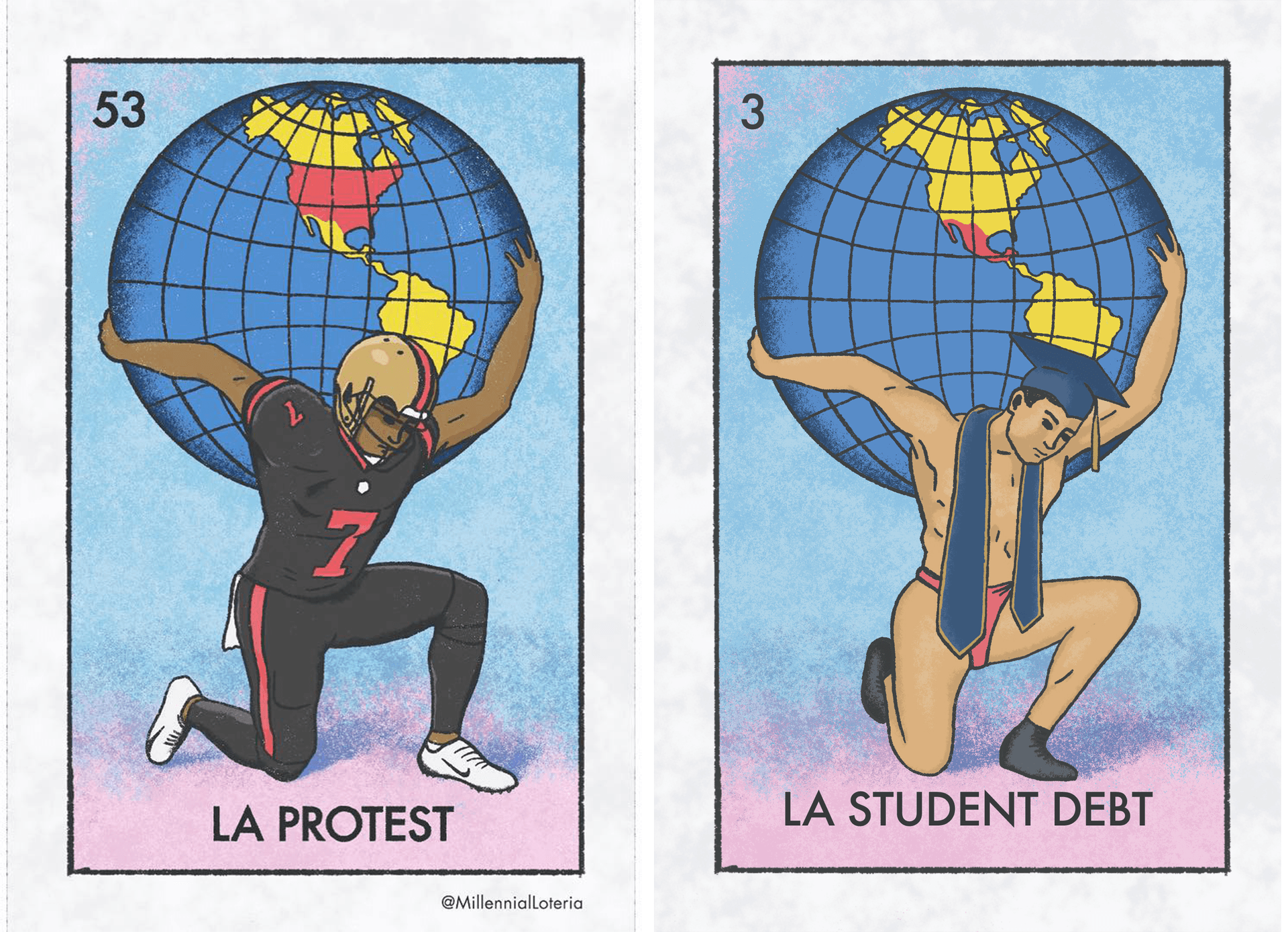 Illustrated cards depicting a football player holding a globe with the text 