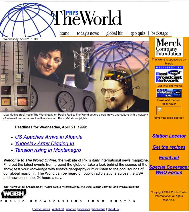 A screen grab of The World's website in 1999 featuring a story about US military helicopters in Albania.