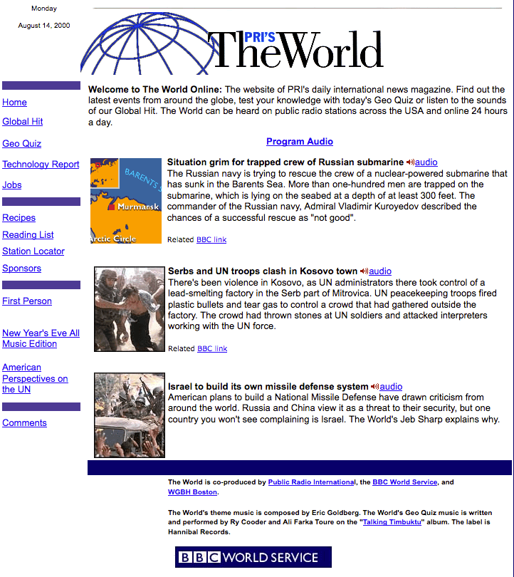The World's website in 2000 featuring a story about a Russian submarine.