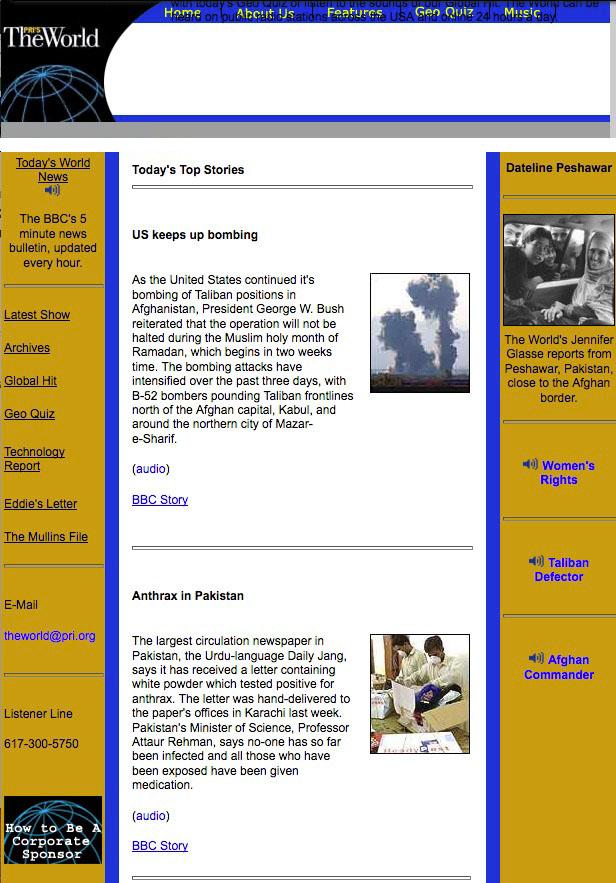 The World's website in 2001 featured a story on the war in Afghanistan.