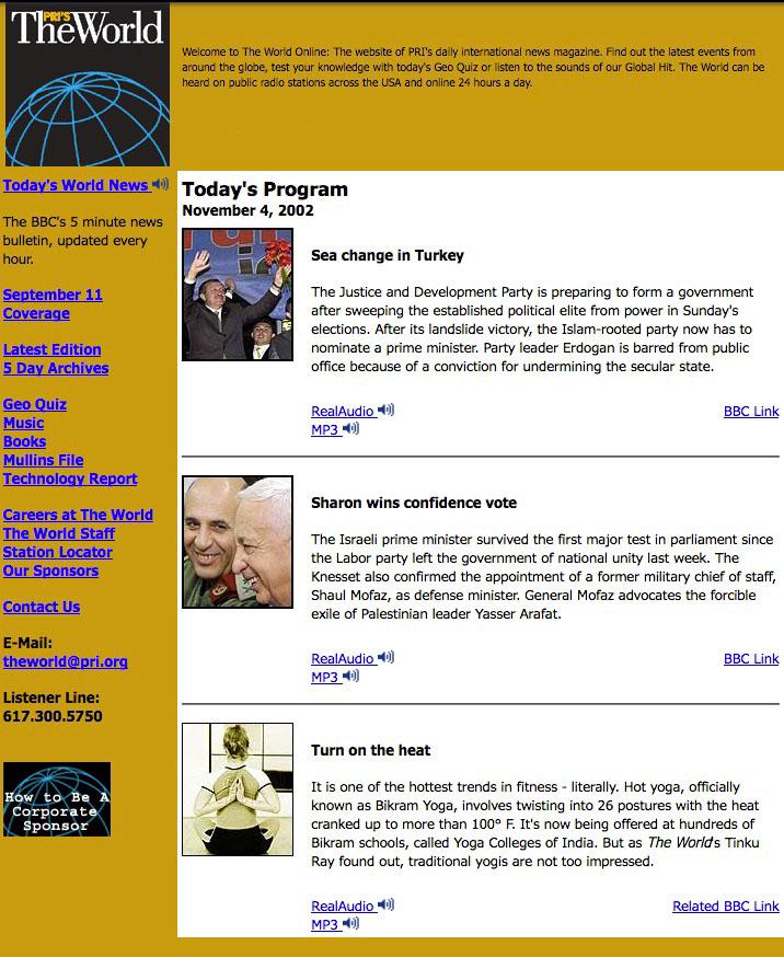The World's website in 2002 featured a story about elections in Turkey.