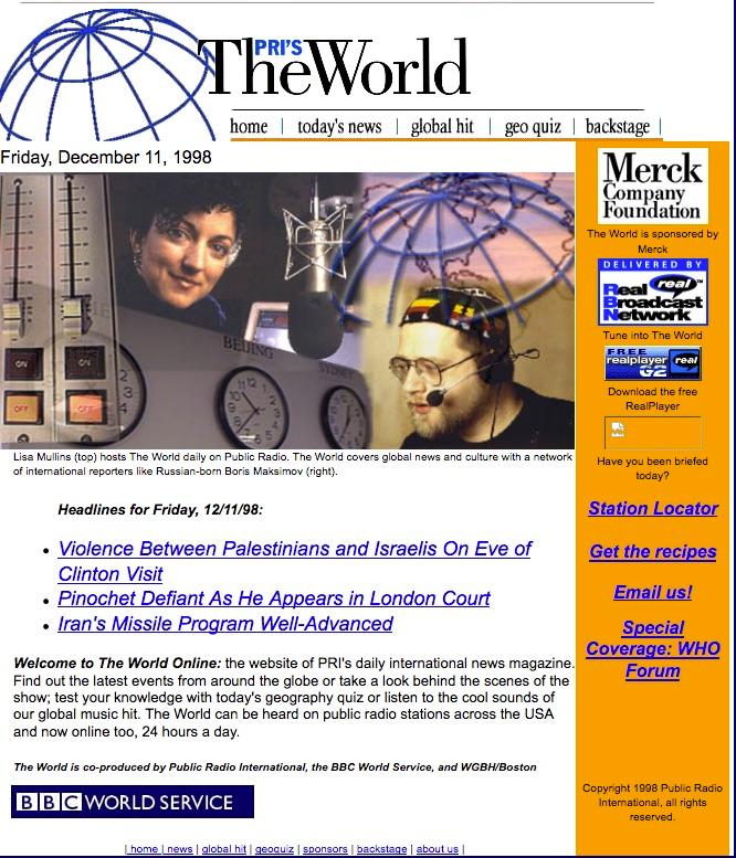 The World's website in 1998 featured a story about a conflict between Israelis and Palestinians.