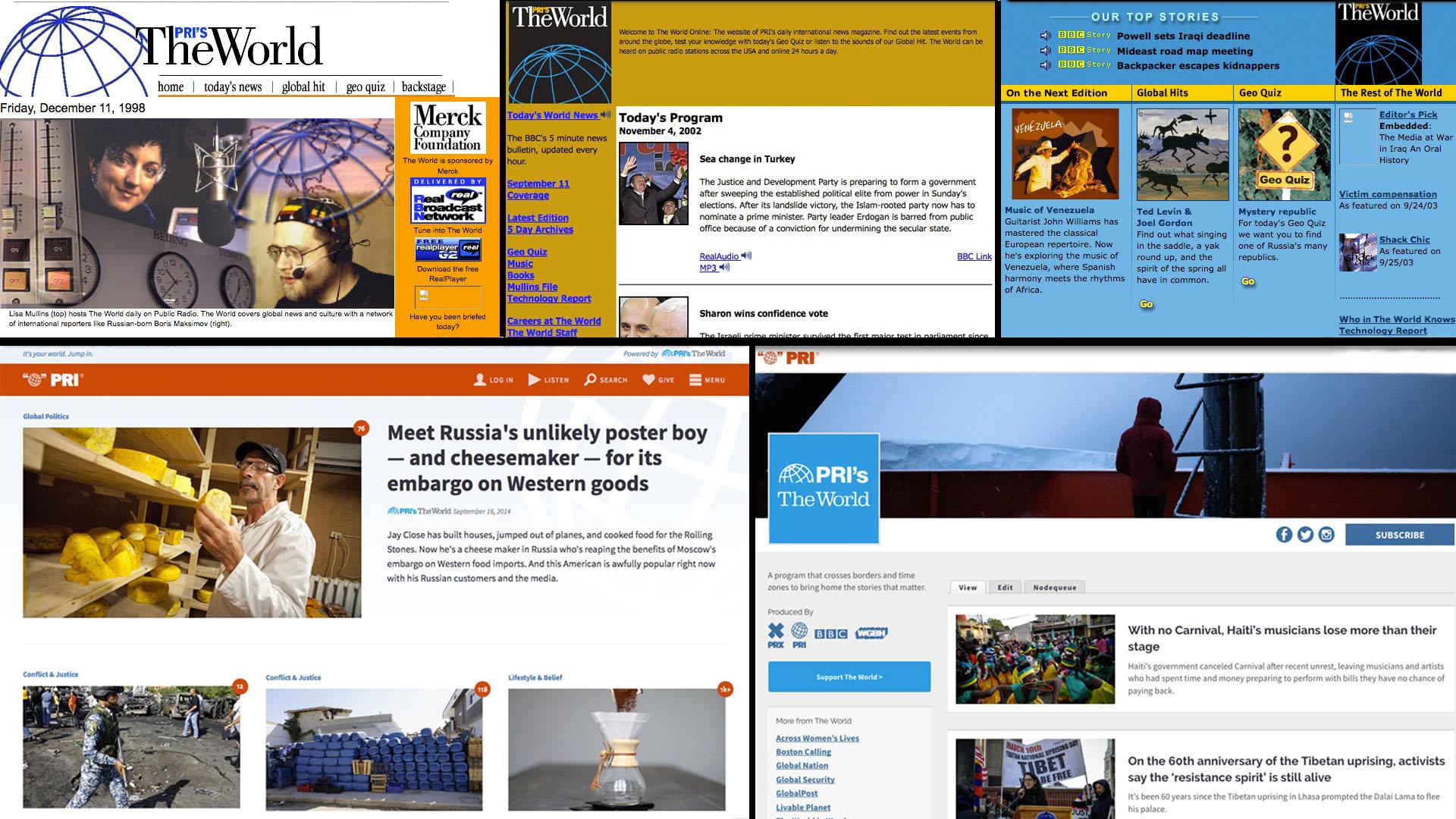 A collage of five screen grabs of The World's website since 1998.