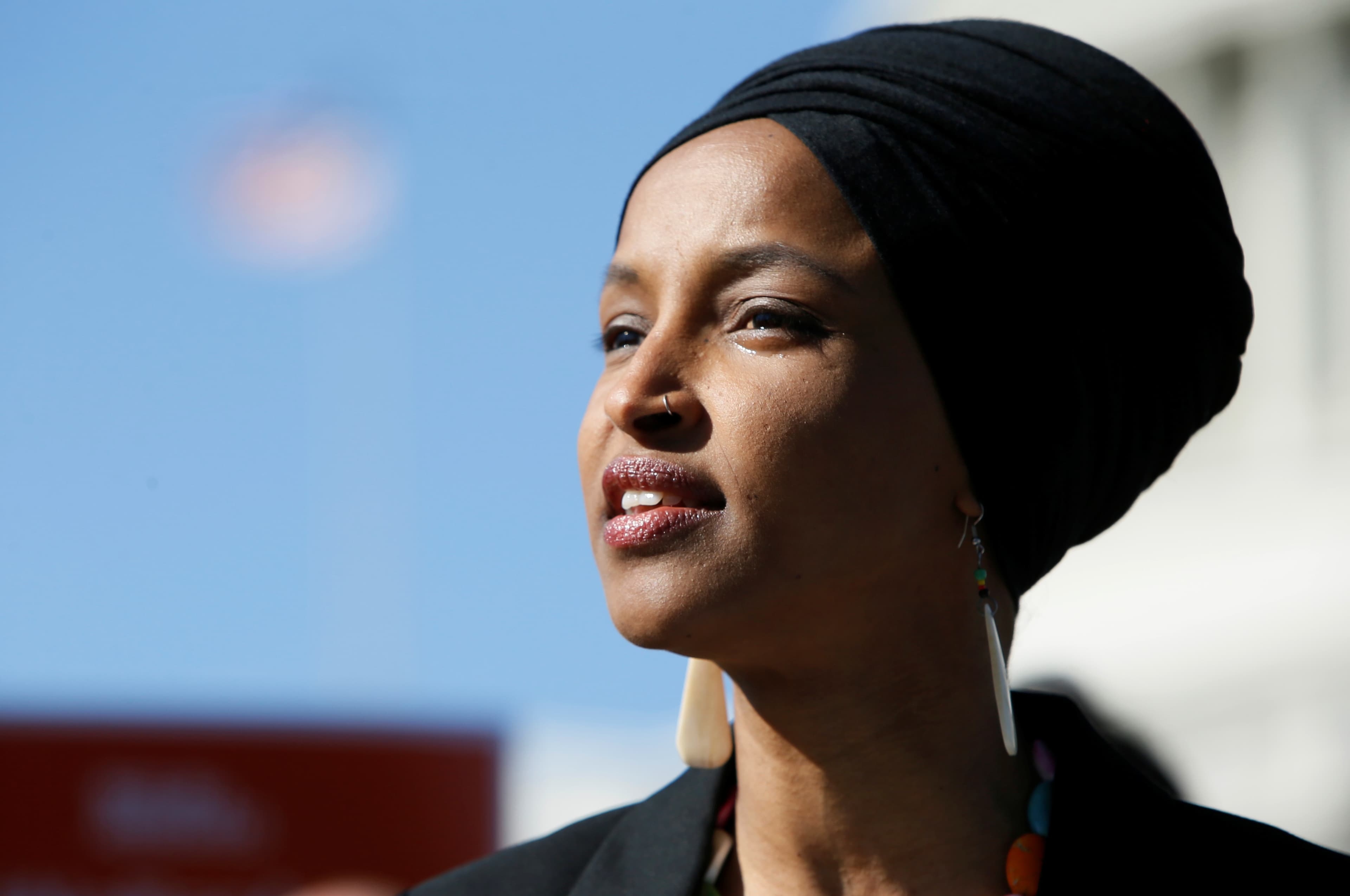 A closeup photo of Rep. Ilhan Omar.