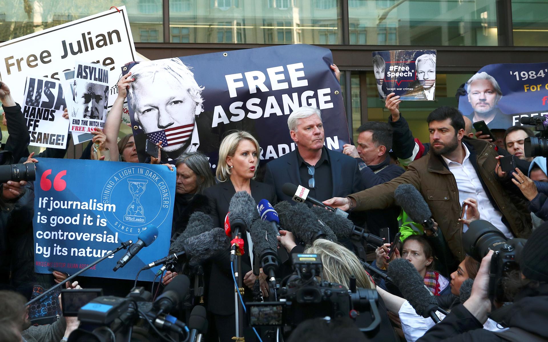 Kristinn Hrafnsson, editor in chief of Wikileaks, and barrister Jennifer Robinson talk to the media outside the Westminster Magistrates Court after WikiLeaks founder Julian Assange was arrested in London, Britain, April 11, 2019.