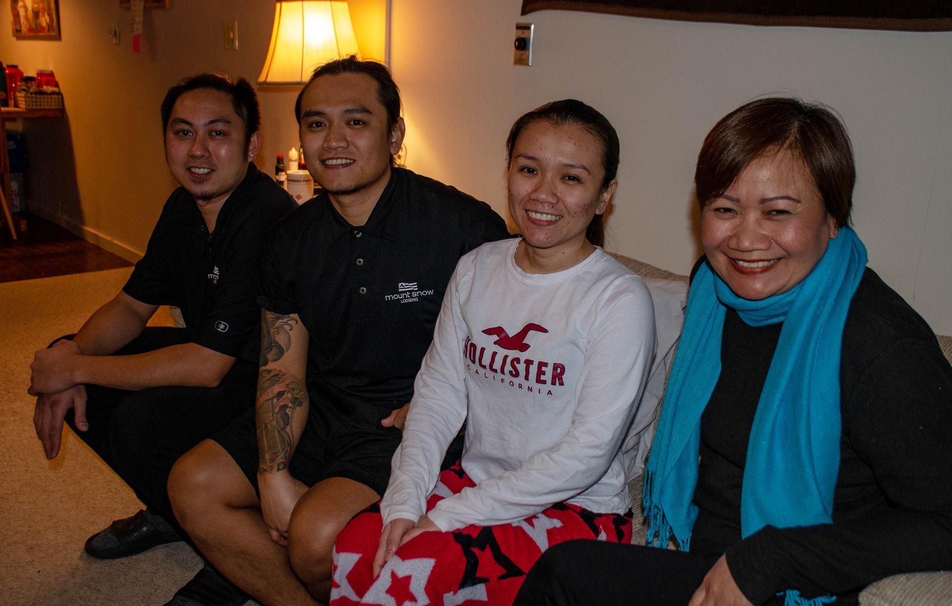 The Tamayo family poses for a group photo at their winter apartment in southern Vermont. They had been planning to move to Cape Cod in mid-April for their summer jobs. From left: Smart Sabangan, Rayben Tamayo, Yazel Ruth Tamayo-Sabangan, and Yolanda Tamay