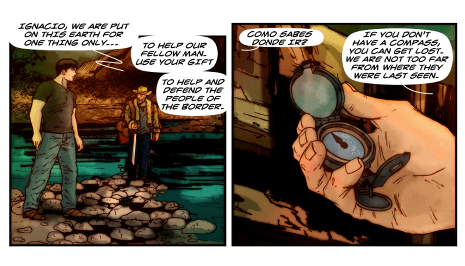 A comic book panel: one of two men, one of a hand holding a compass. 