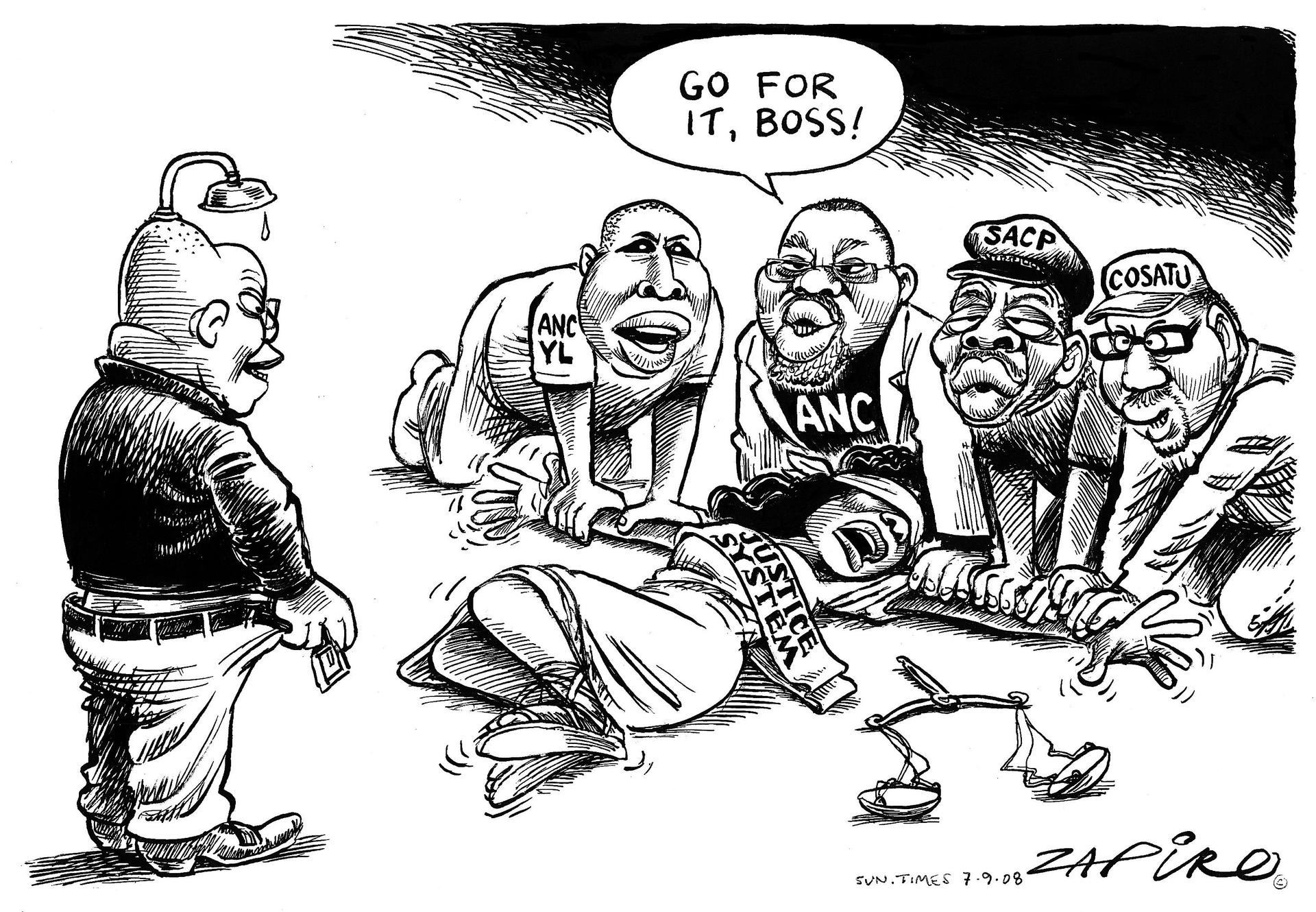 A Zapiro cartoon showing Jacob Zuma undoing his pants with Lady Justice being held down by Zuma's cronies and one of them says, 