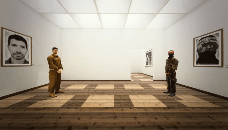 Inside the virtual reality exhibition The Enemy, an Israeli soldier and Palestinian fighter stand on opposite sides of the room