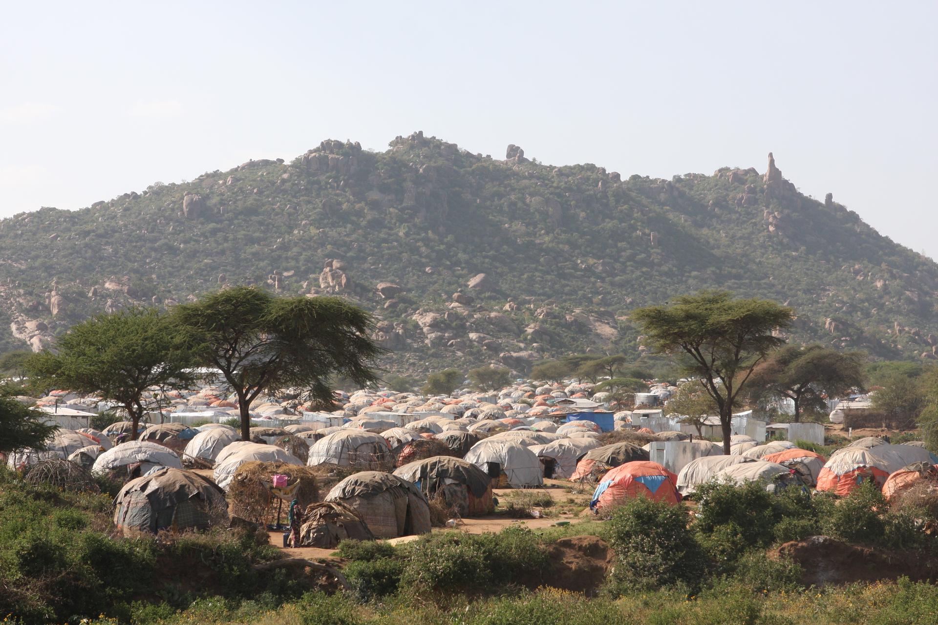 The camps for displaced Somali in the lee of the Kolenchi hills in the Ethiopia's Somali region.