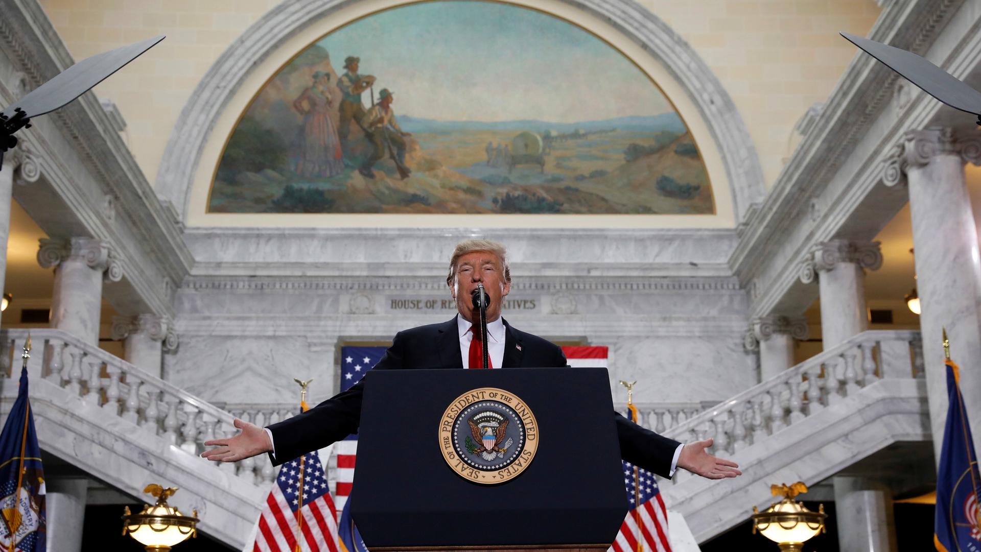 US President Donald Trump speaks at the Utah State Capitol, where he announced big cuts to Utah's sprawling wilderness national monuments, in Salt Lake City, Utah, Dec. 4, 2017.