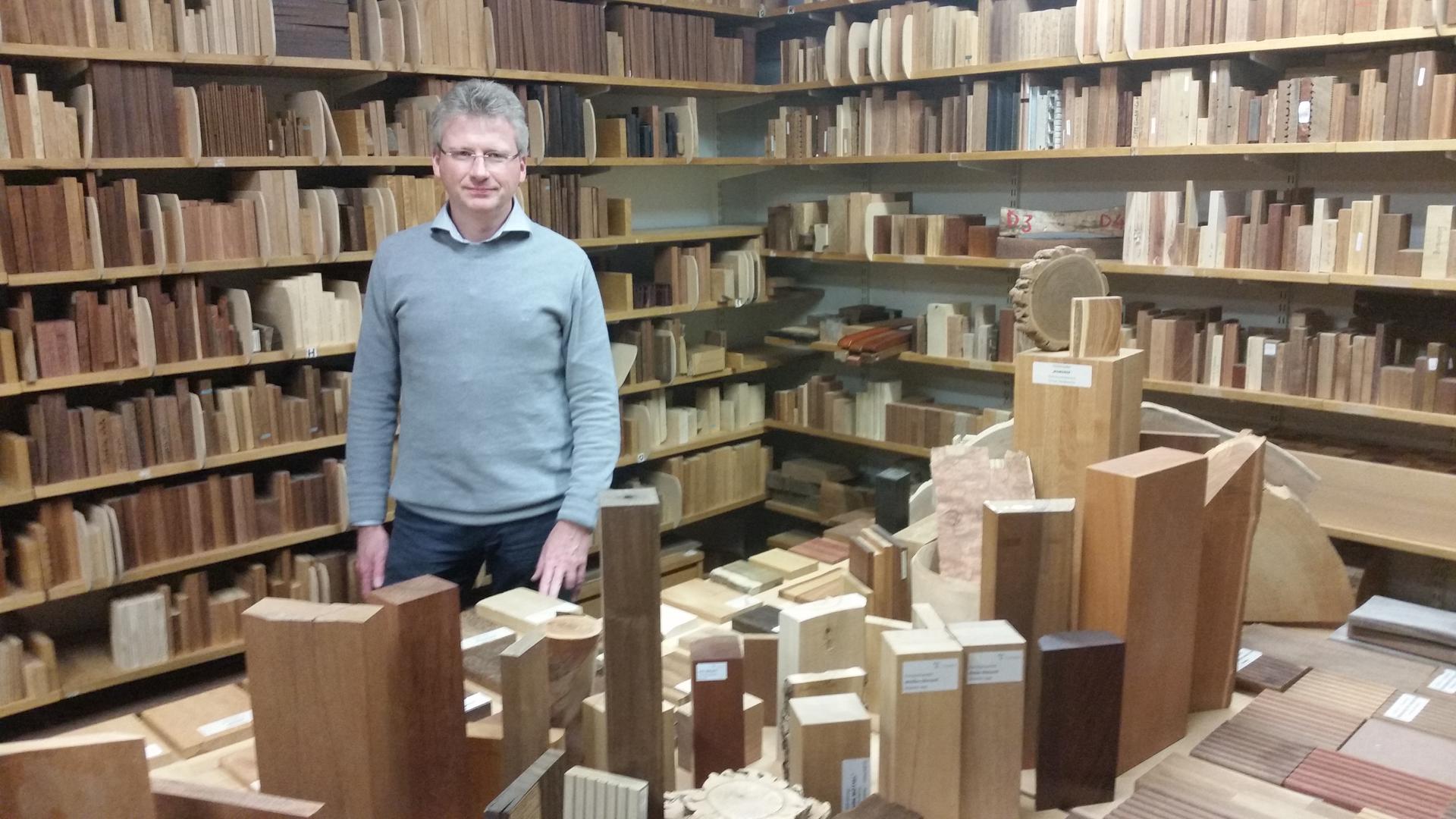 A German scientist stands in front of shelves of wood samples