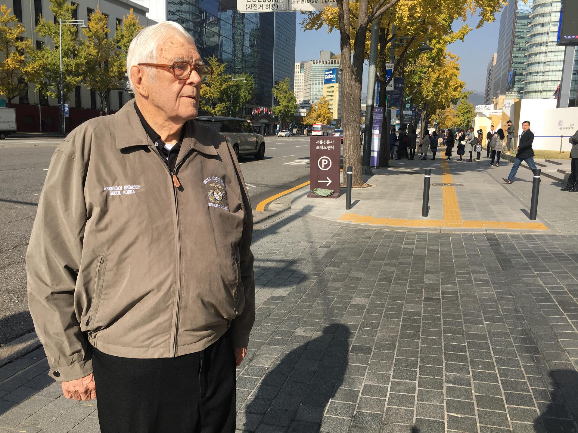 George Lampman in Seoul in 2017. The city has changed a lot since he first arrived there as a young marine in 1949.