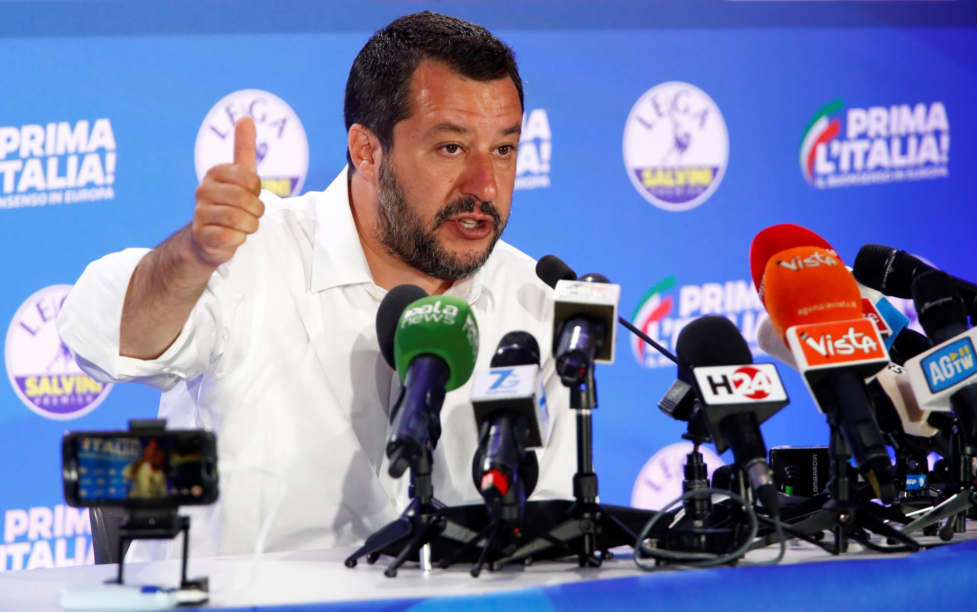 Deputy Prime Minister and League party leader Matteo Salvini speaks to the media at the League party headquarters, following the results of the European Parliament elections, in Milan, Italy, May 27, 2019.