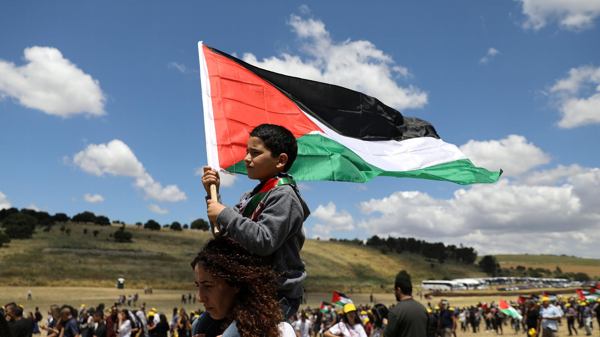 A young child sits on the shoulders of an adult waving a Palestinian flag under a blue sky