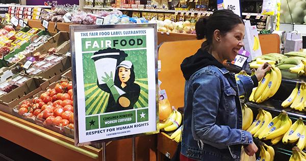 A Fair Food Program sign next to tomatoes for sale in a supermarket produce section.