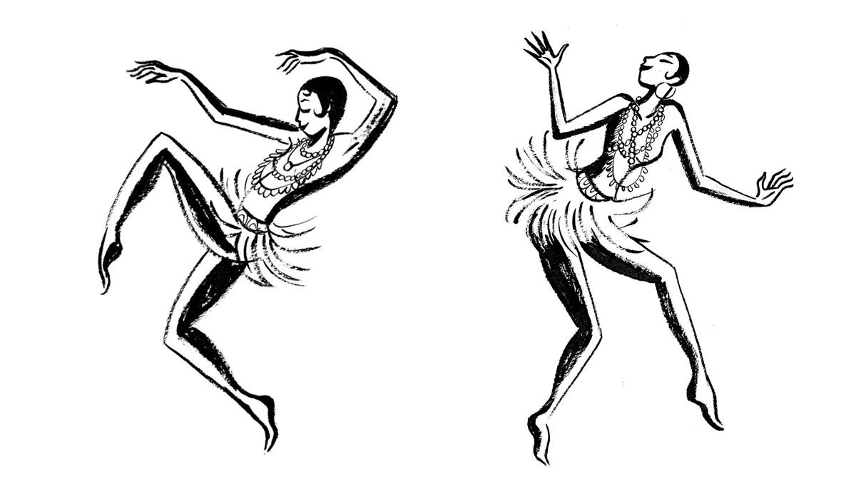 Two black and white illustrations featuring a dancing Josephine Baker, arms raised.
