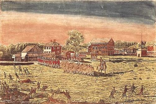 British soldiers firing on armed colonists on Lexington Green at the start of the American Revolution