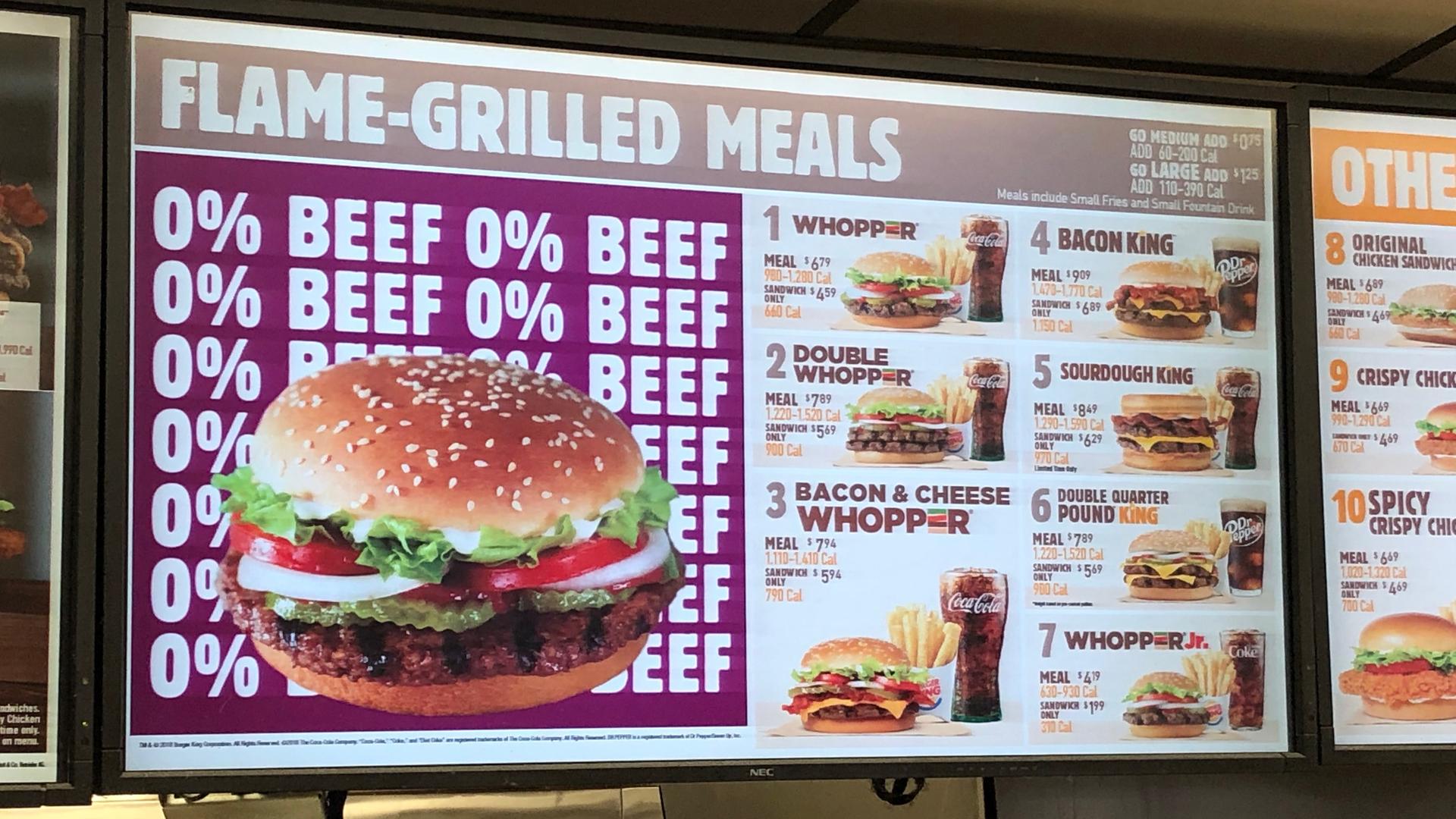 Burger King patrons in St. Louis were greeted by a somewhat confusing menu: A Whopper with no beef. 