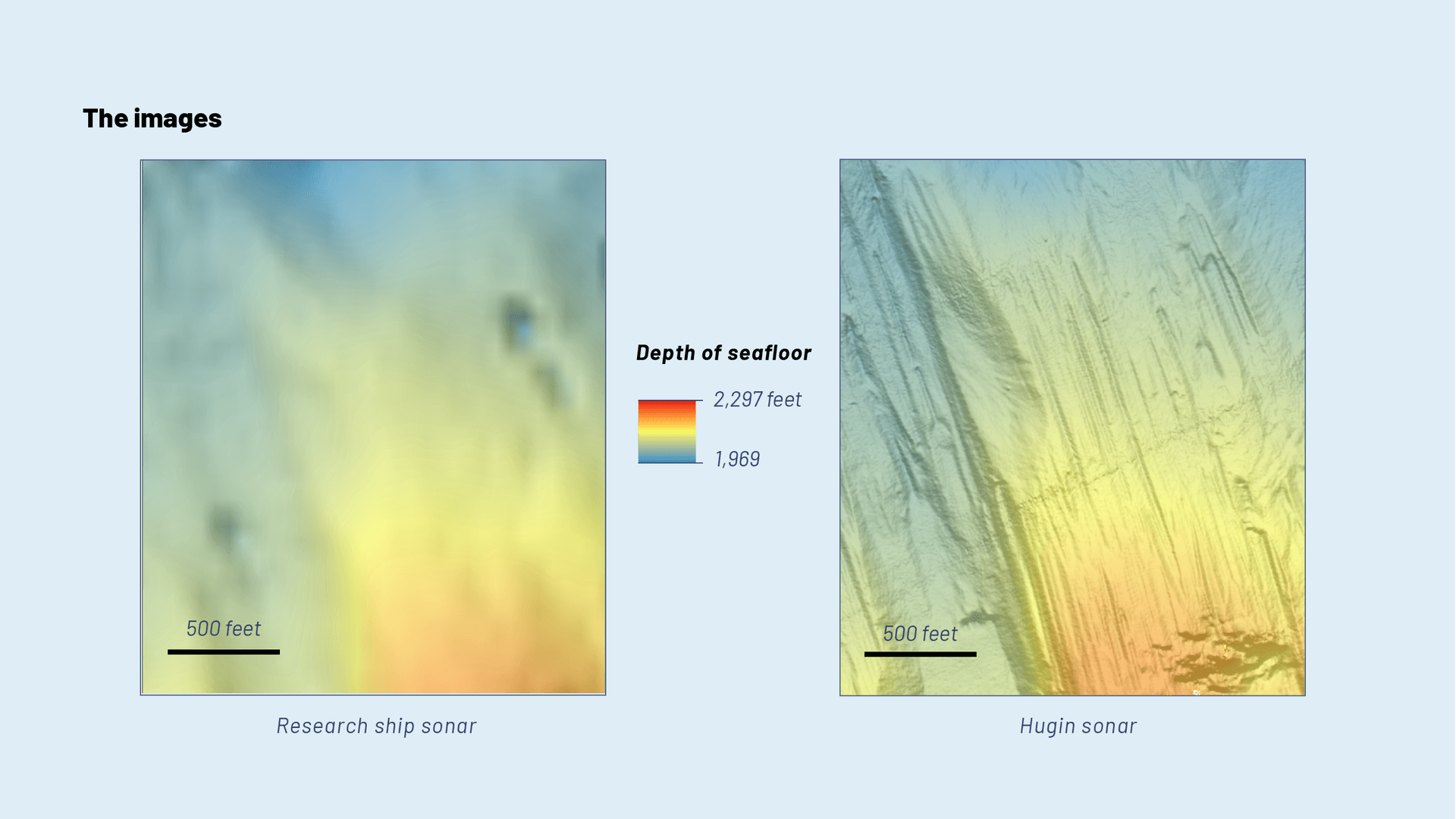 A side-by-side comparison of the ship's sonar and that collected by the Hugin's. The Hugin's imagery is crisp.