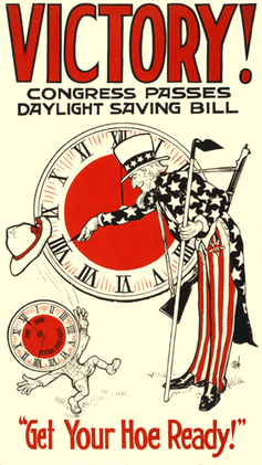 Poster celebrating enactment of daylight saving time during World War I, 1917.