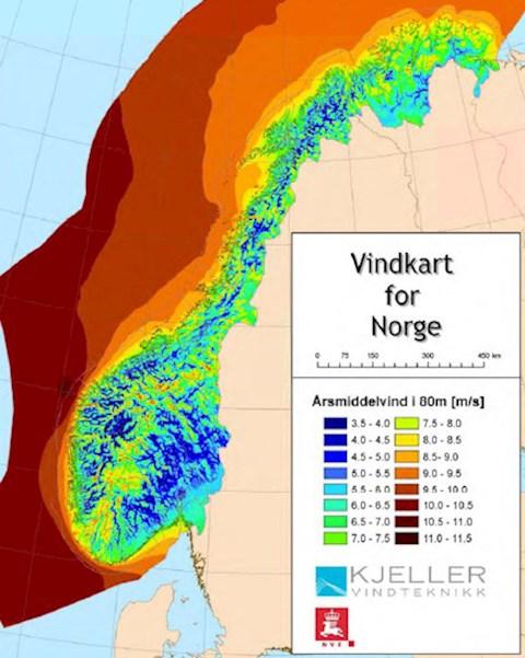 A map of onshore and offshore wind resource availability in Norway, from high (red) to low (blue).